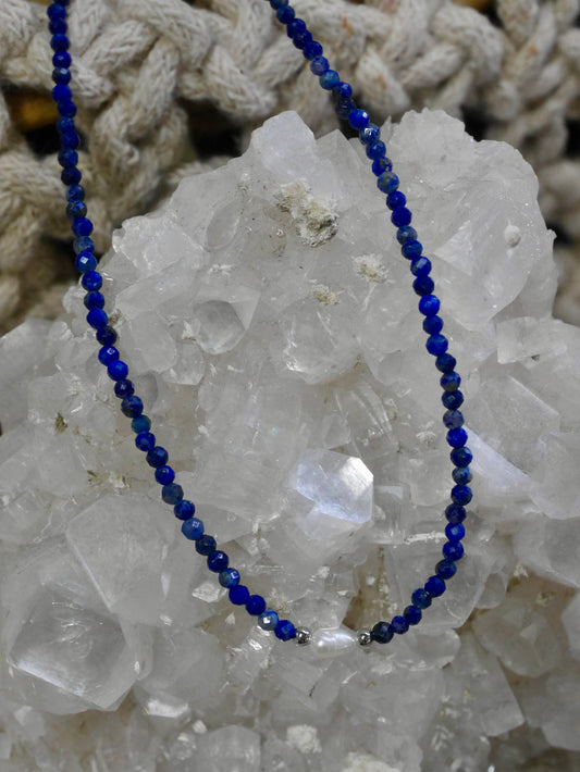 Faceted Lapis and Pearl Beaded Necklace