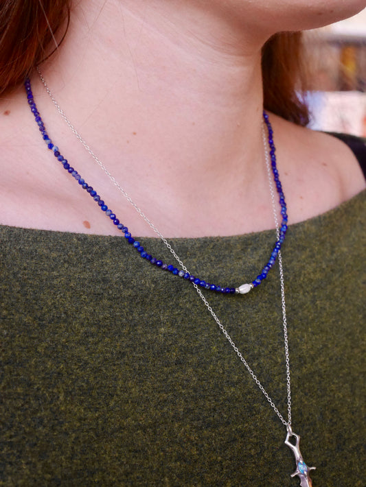 Faceted Lapis and Pearl Beaded Necklace